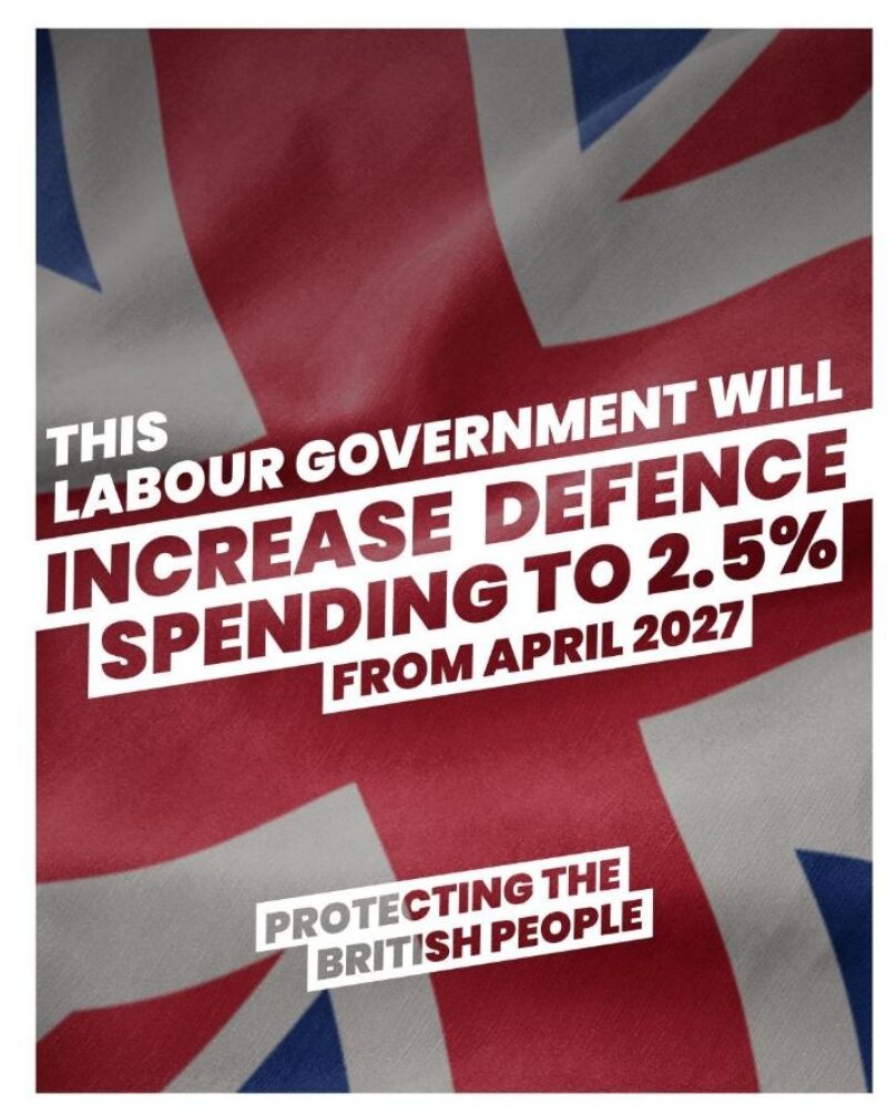 Labour government to increase defence spending to 2.5% by April 2027