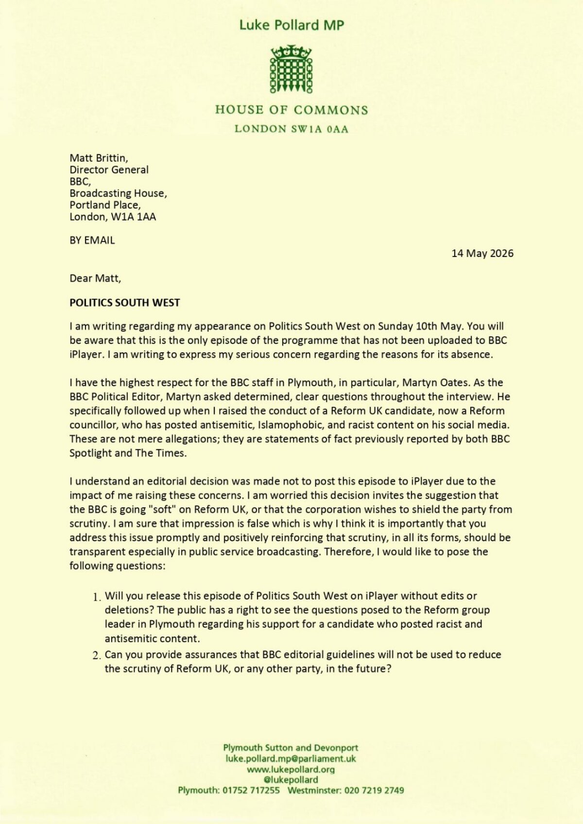First page of a letter from Luke to the BBC