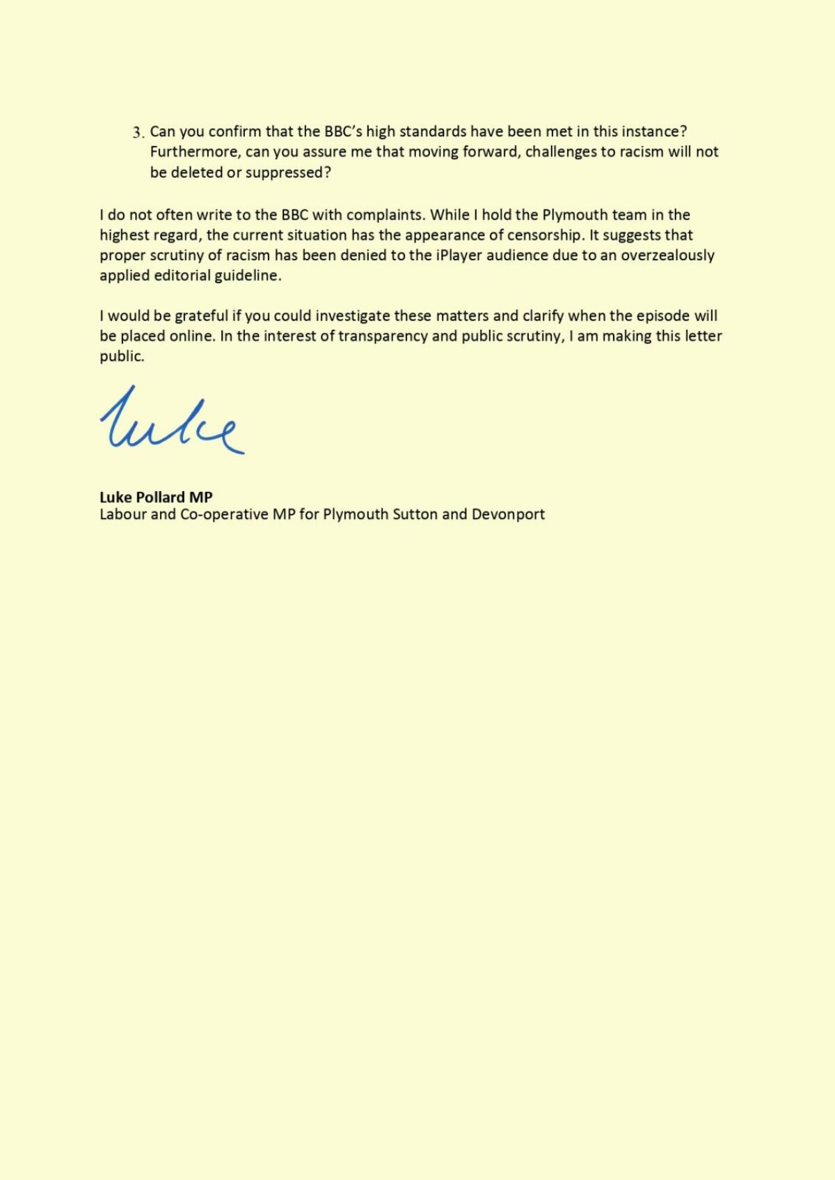 Second page of a letter from Luke to the BBC